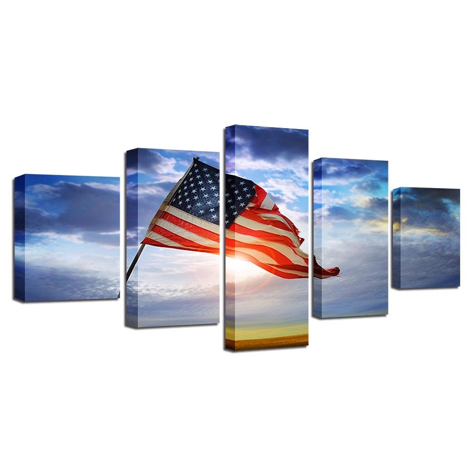 American Flag Flying Under The Blue Sky 5 Piece HD Multi Panel Canvas Wall Art Frame - Original Frame