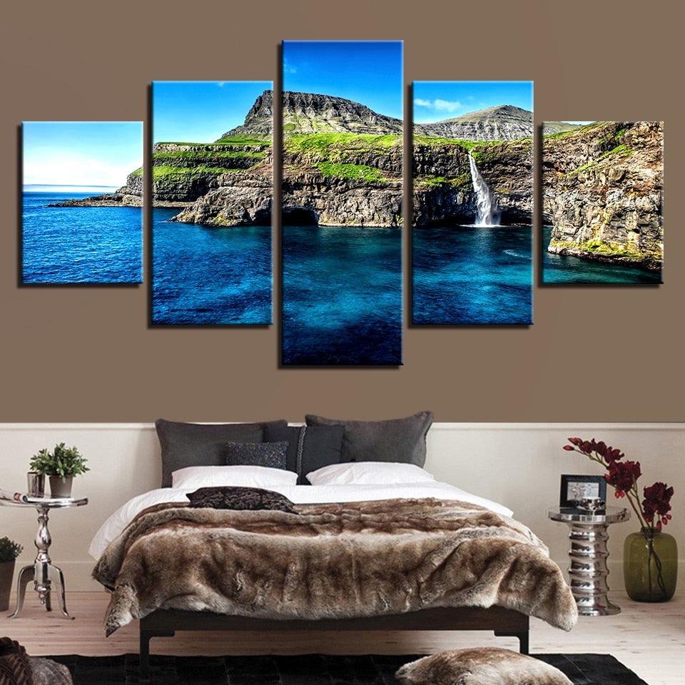 Alpine Waterfall Island 5 Piece HD Multi Panel Canvas Wall Art Frame - Original Frame