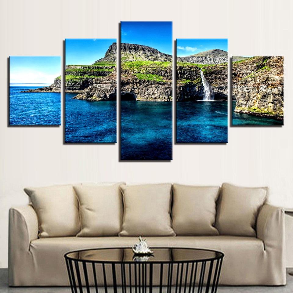 Alpine Waterfall Island 5 Piece HD Multi Panel Canvas Wall Art Frame - Original Frame