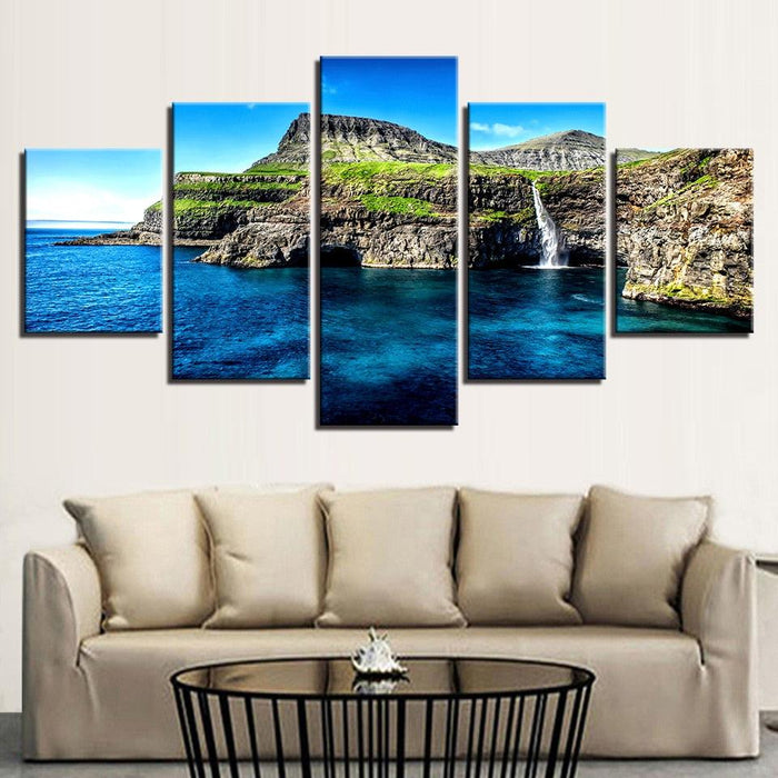 Alpine Waterfall Island 5 Piece HD Multi Panel Canvas Wall Art Frame