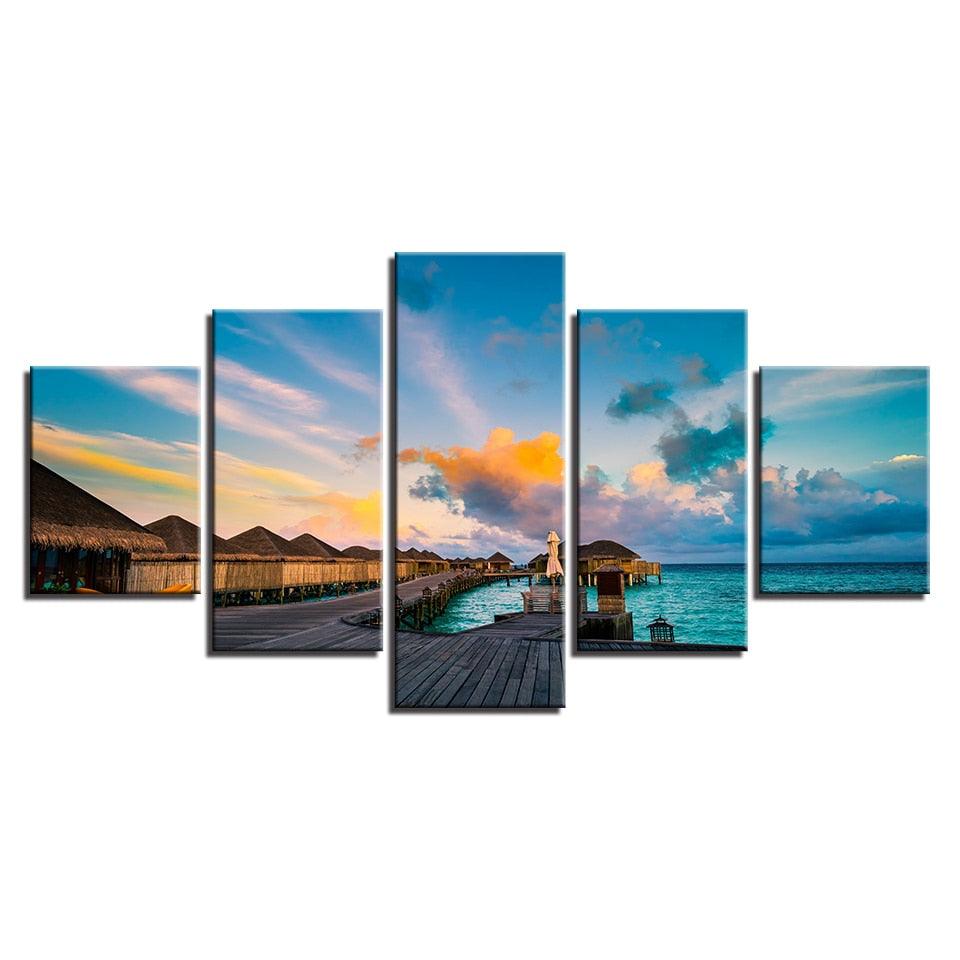Blue Sky Bridge 5 Piece HD Multi Panel Canvas Wall Art Frame - Original Frame