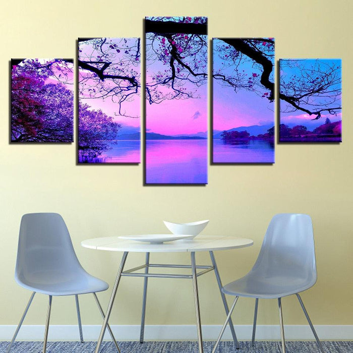 Purple Sunset Trees 5 Piece HD Multi Panel Canvas Wall Art Frame