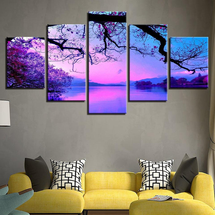 Purple Sunset Trees 5 Piece HD Multi Panel Canvas Wall Art Frame