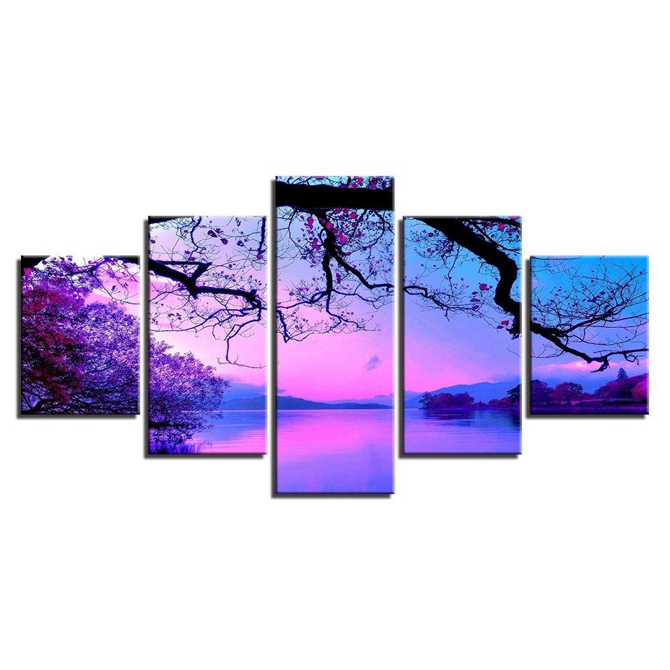 Purple Sunset Trees 5 Piece HD Multi Panel Canvas Wall Art - Original Frame