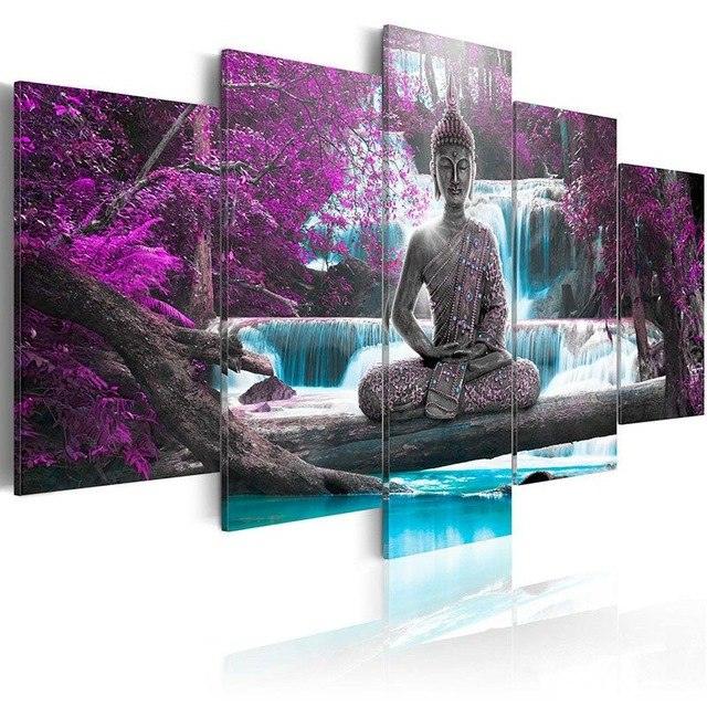 Buddha Waterfall 5 Piece HD Multi Panel Canvas Wall Art Frame