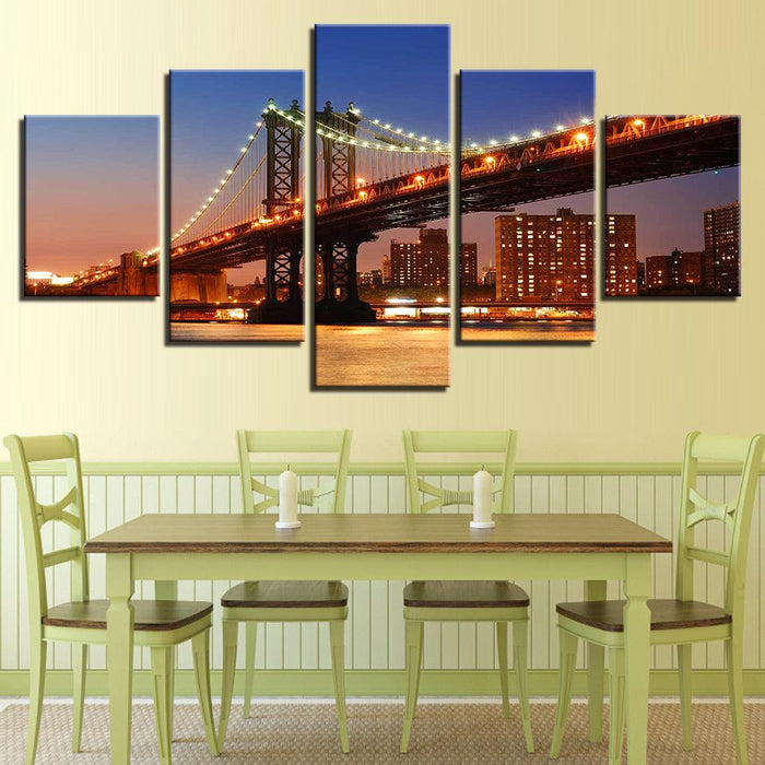 Bridge at Night 5 Piece HD Multi Panel Canvas Wall Art Frame - Original Frame