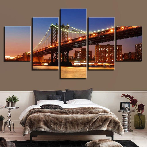 Bridge at Night 5 Piece HD Multi Panel Canvas Wall Art Frame - Original Frame