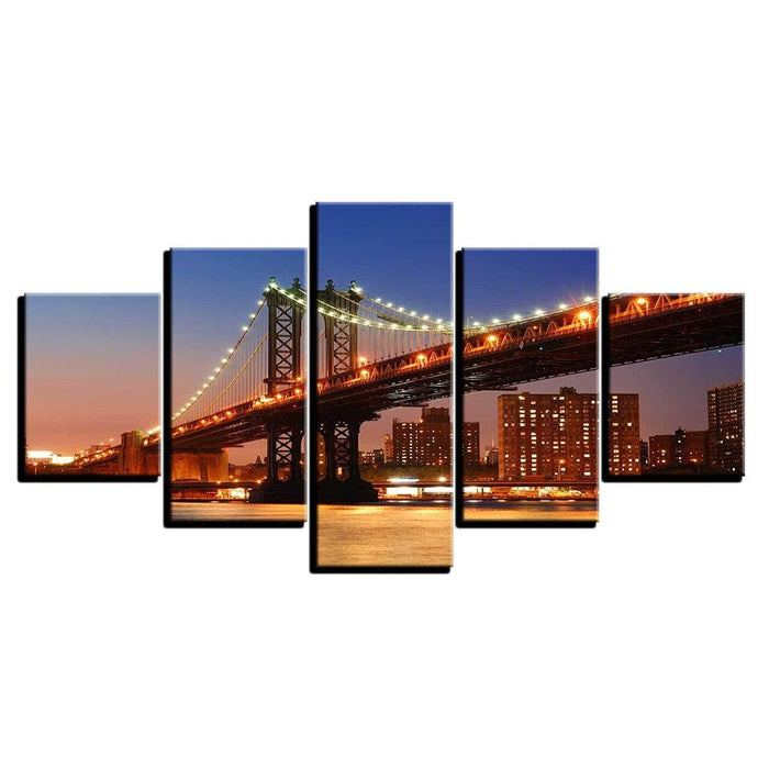 Bridge at Night 5 Piece HD Multi Panel Canvas Wall Art Frame - Original Frame