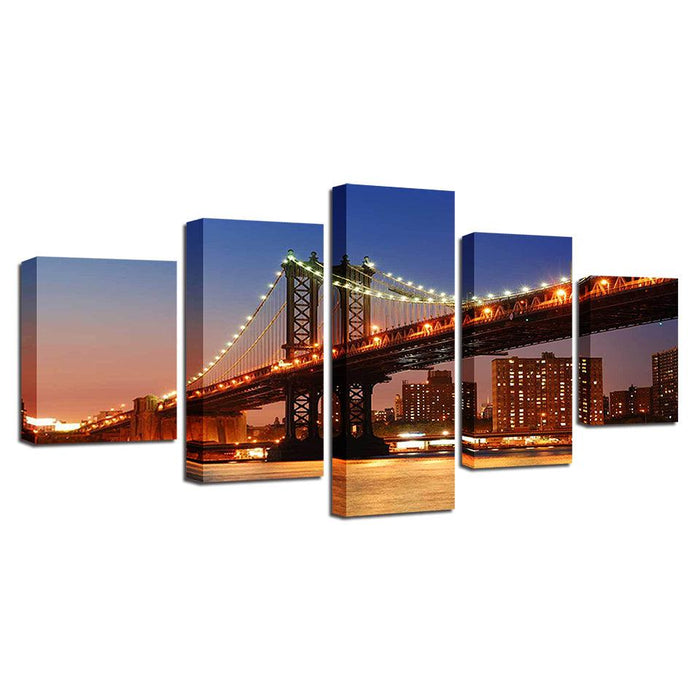 Bridge at Night 5 Piece HD Multi Panel Canvas Wall Art Frame - Original Frame