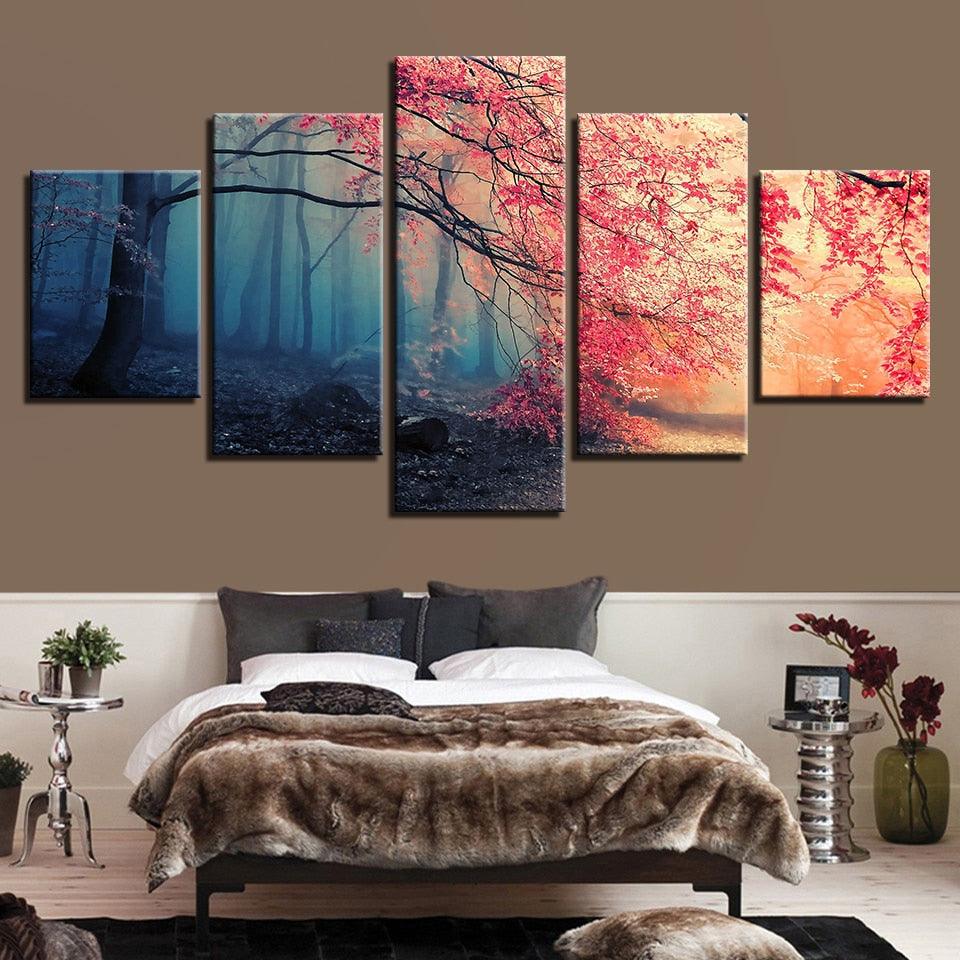 Red Maple Woods 5 Piece HD Multi Panel Canvas Wall Art Frame - Original Frame