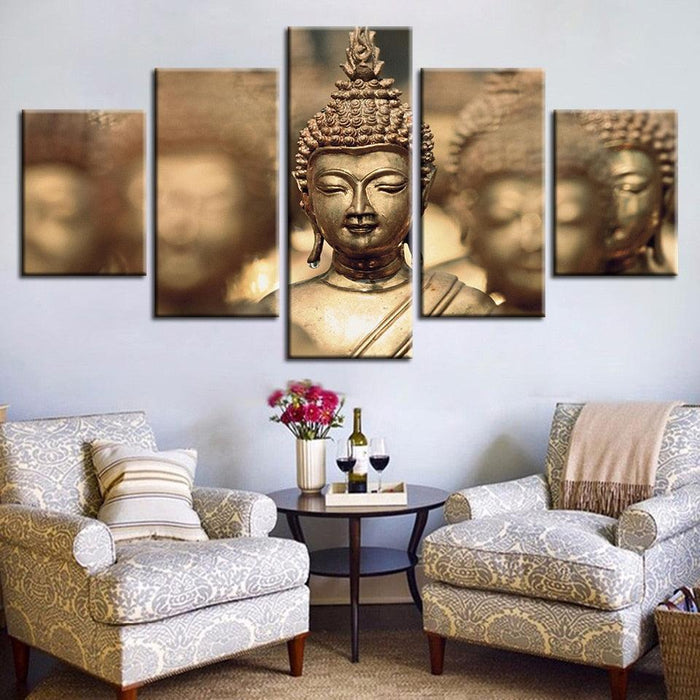 Gold Lord Buddha 5 Piece HD Multi Panel Canvas Wall Art Frame - Original Frame