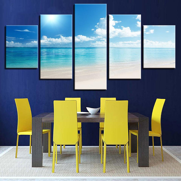 Blue Sky Sunshine Beach 5 Piece HD Multi Panel Canvas Wall Art Frame
