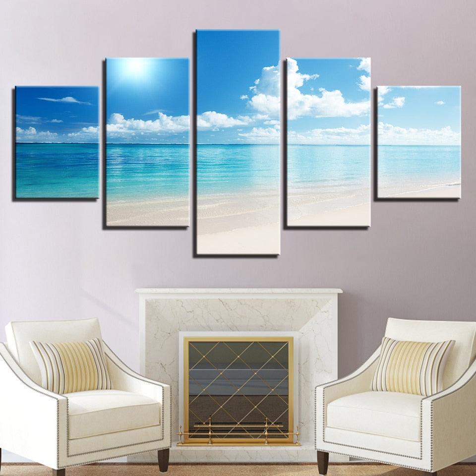 Blue Sky Sunshine Beach 5 Piece HD Multi Panel Canvas Wall Art Frame - Original Frame