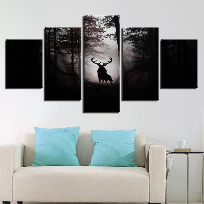 Deer In Dark Forest 5 Piece HD Multi Panel Canvas Wall Art Frame - Original Frame