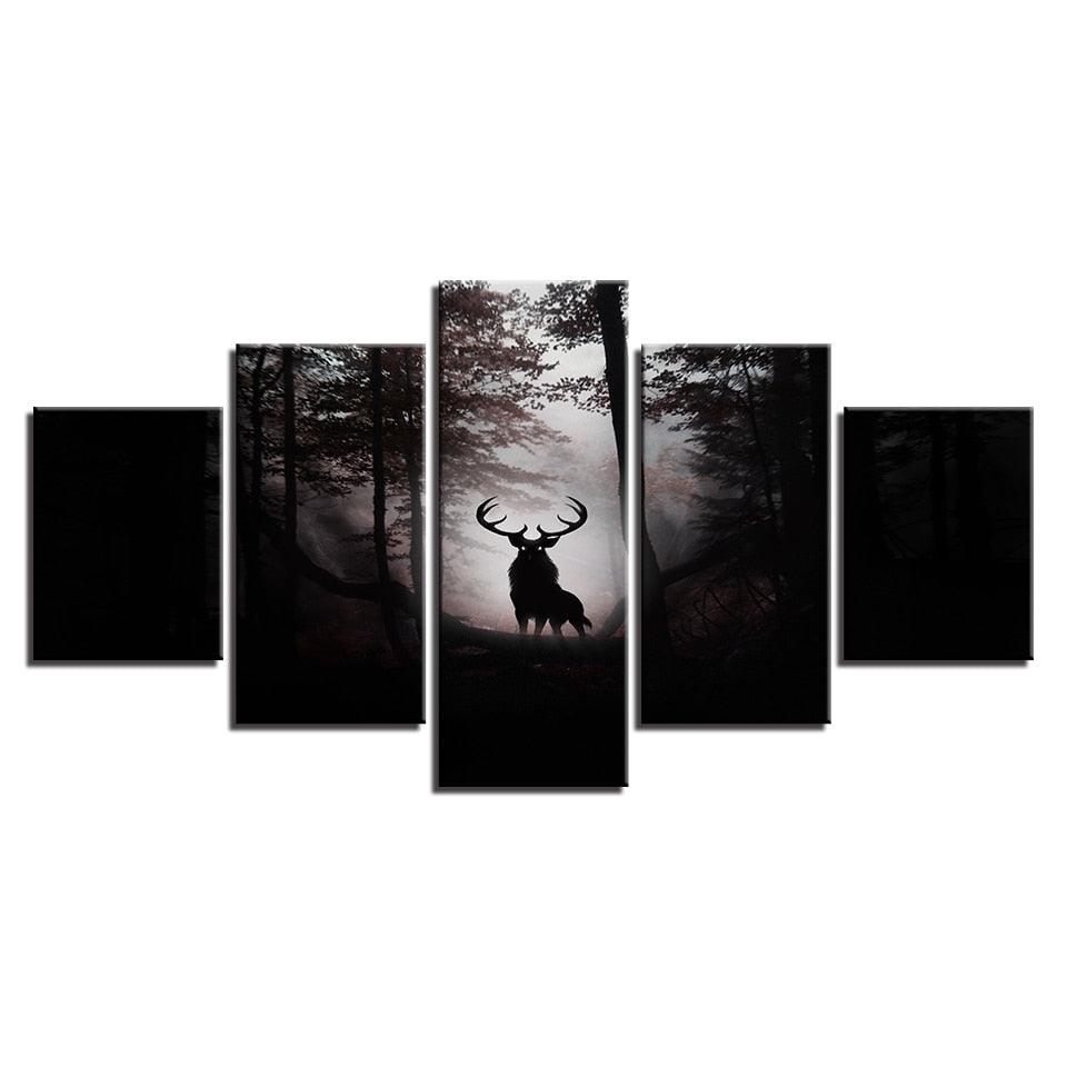 Deer In Dark Forest 5 Piece HD Multi Panel Canvas Wall Art Frame - Original Frame