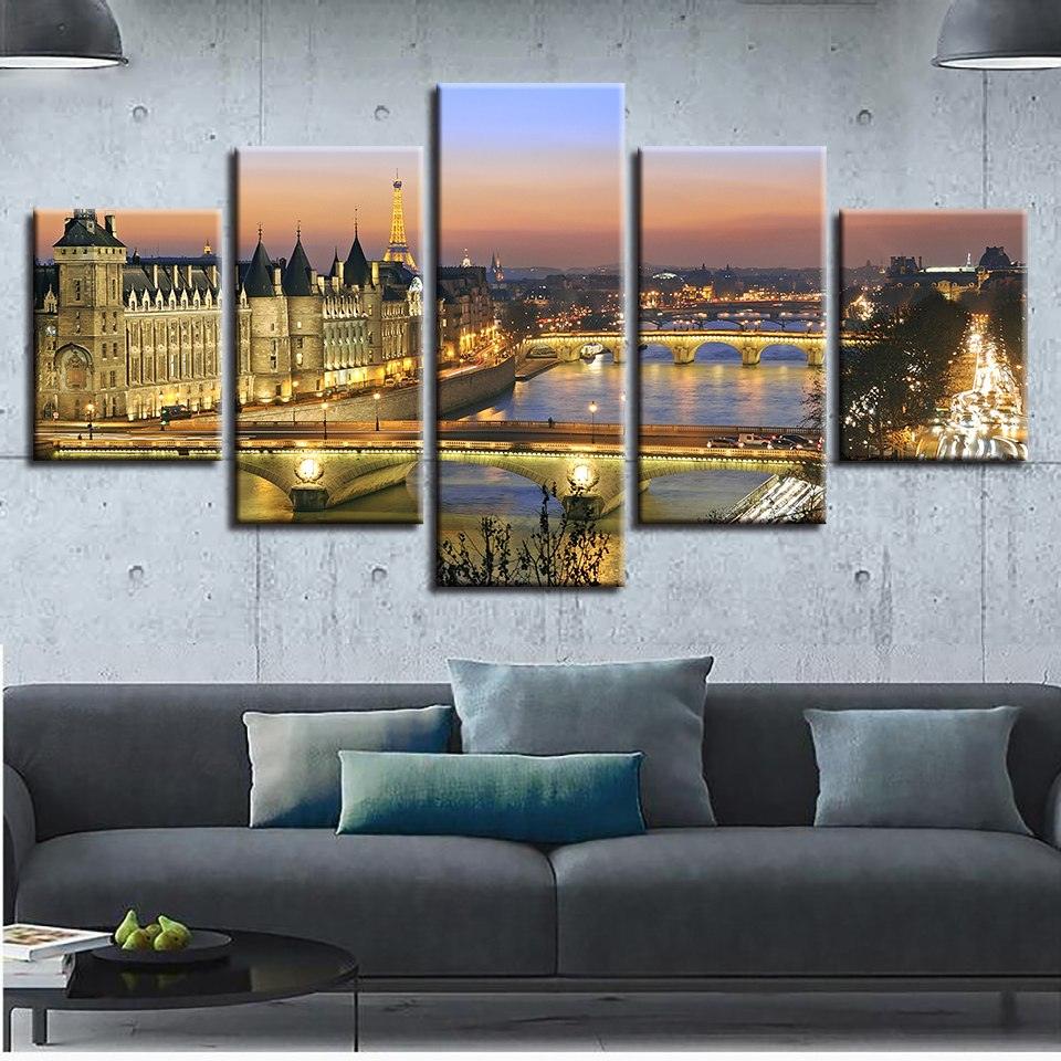 Paris Nightscape 5 Piece HD Multi Panel Canvas Wall Art Frame - Original Frame