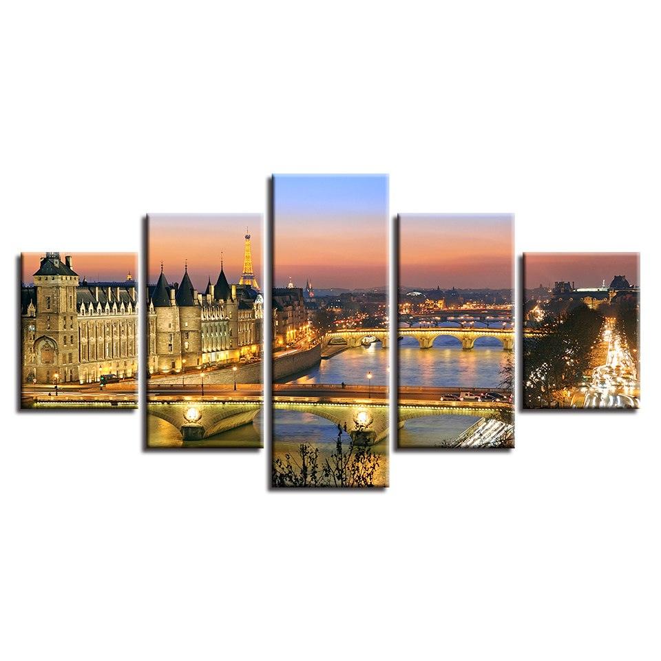 Paris Nightscape 5 Piece HD Multi Panel Canvas Wall Art Frame - Original Frame