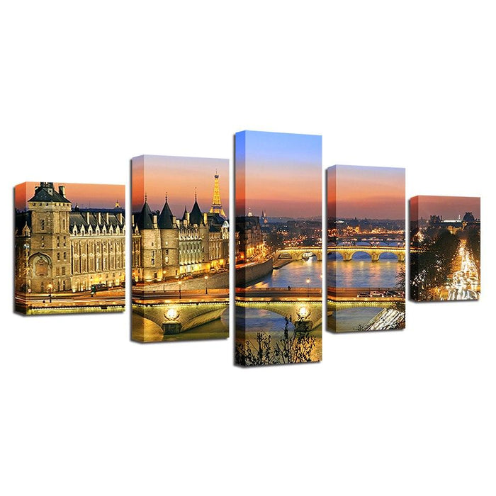 Paris Nightscape 5 Piece HD Multi Panel Canvas Wall Art Frame - Original Frame