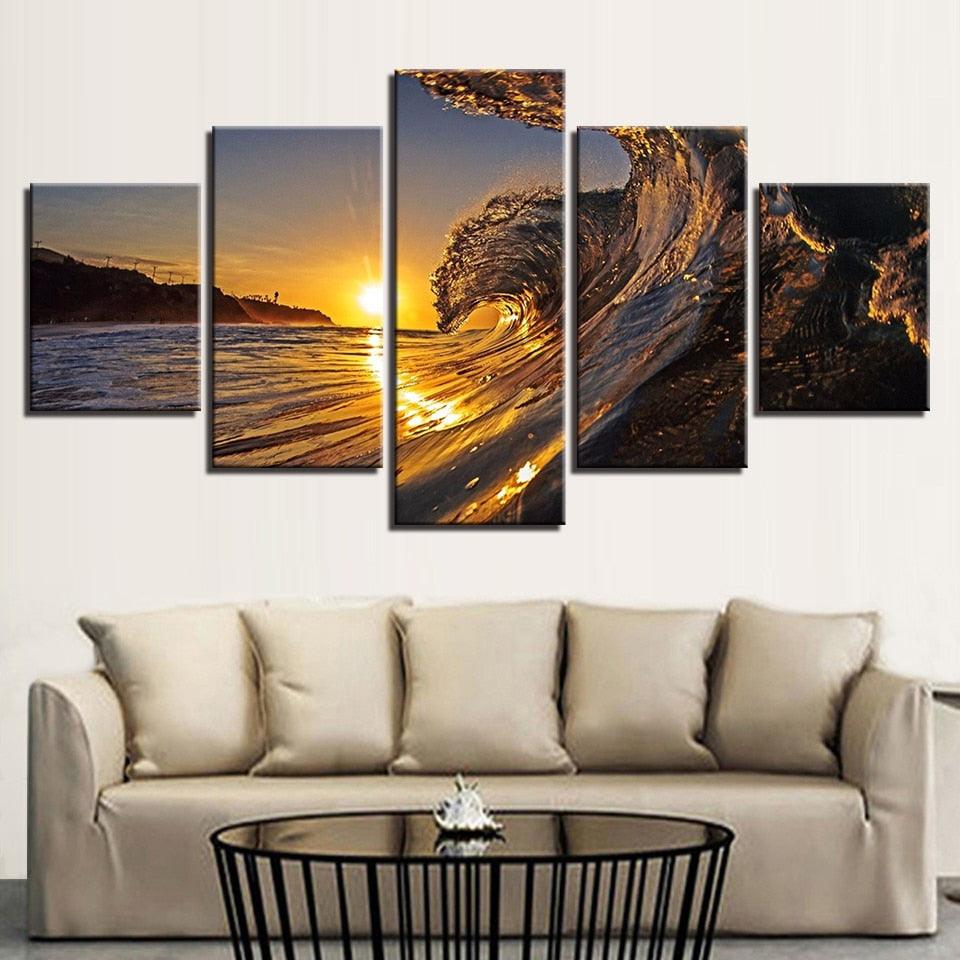 Sunset Sea Wave 5 Piece HD Multi Panel Canvas Wall Art Frame - Original Frame