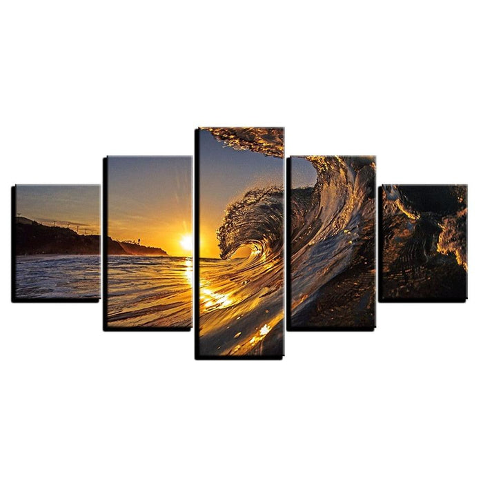 Sunset Sea Wave 5 Piece HD Multi Panel Canvas Wall Art Frame