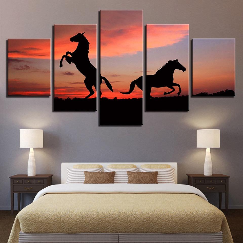 Sunset Horses 5 Piece HD Multi Panel Canvas Wall Art Frame - Original Frame
