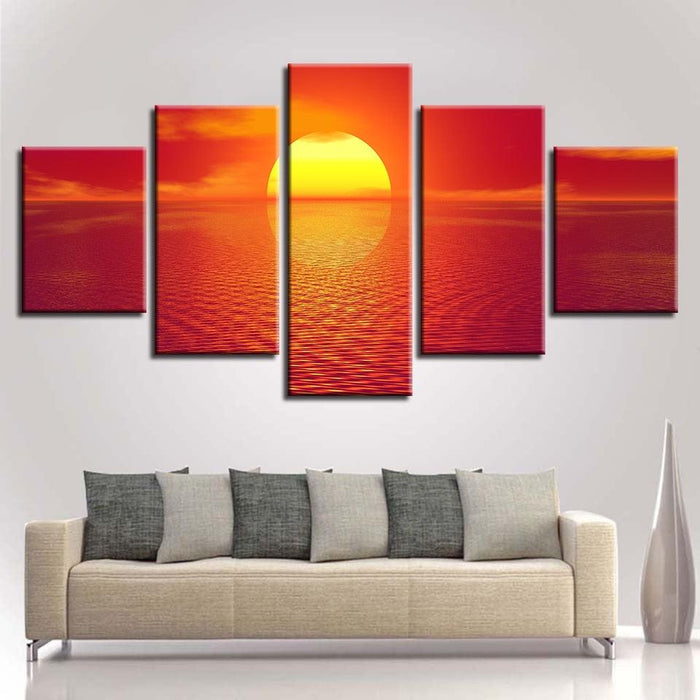 Sunset Seaview 5 Piece HD Multi Panel Canvas Wall Art Frame - Original Frame