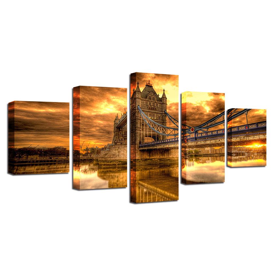 Bridge Sunset Glow 5 Piece HD Multi Panel Canvas Wall Art Frame - Original Frame