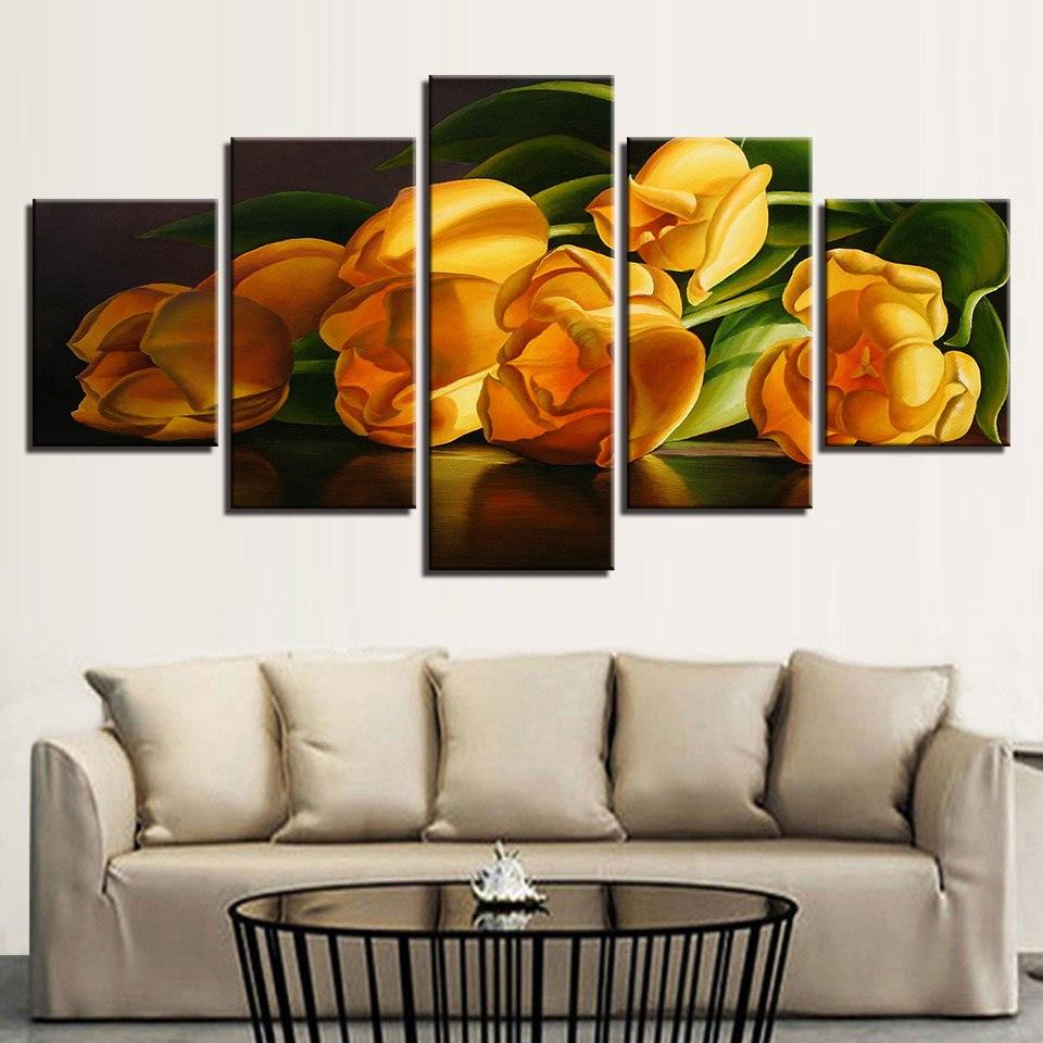 Yellow Tulips 5 Piece HD Multi Panel Canvas Wall Art Frame - Original Frame