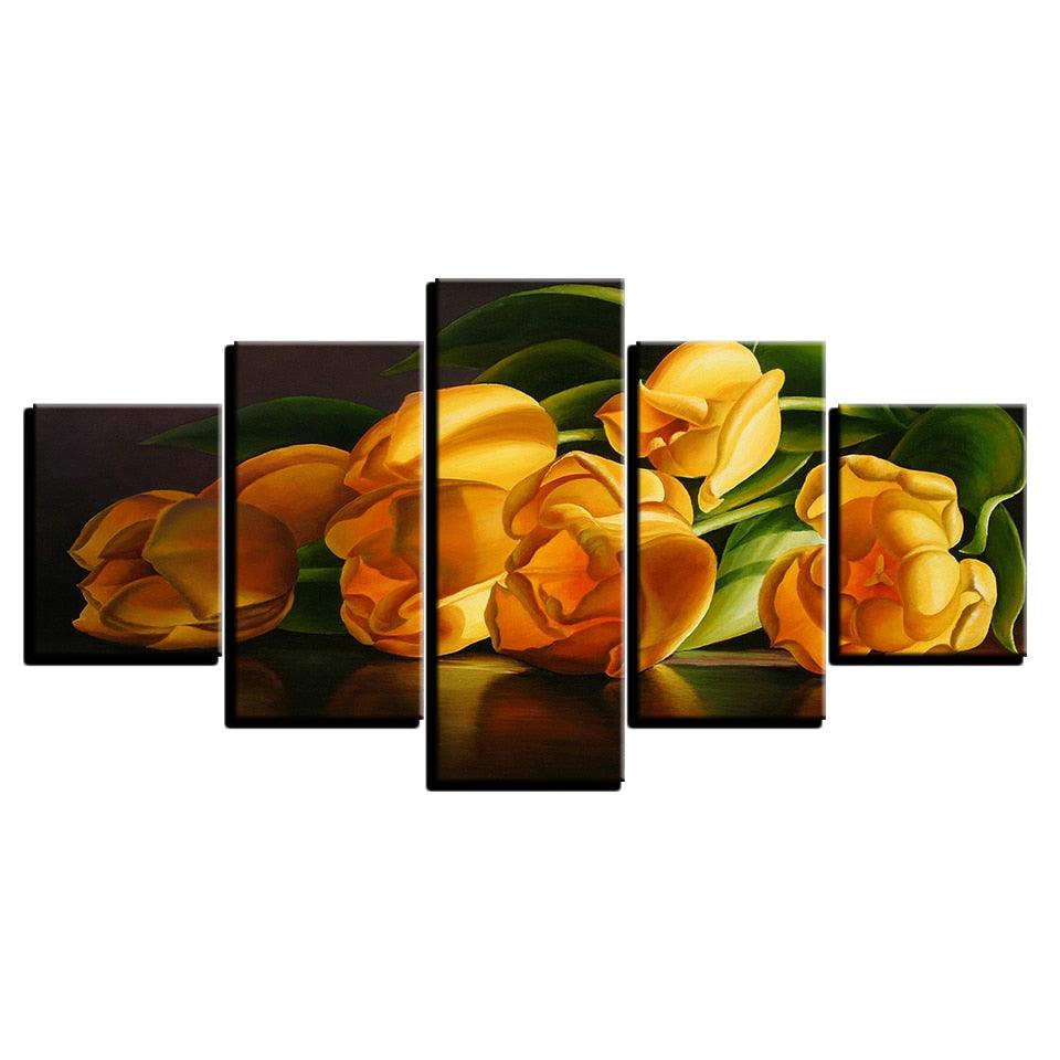 Yellow Tulips 5 Piece HD Multi Panel Canvas Wall Art Frame - Original Frame