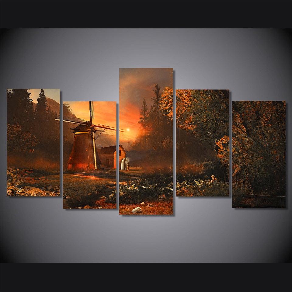 Windmill Wooden House Sunrise 5 Piece HD Multi Panel Canvas Wall Art Frame - Original Frame