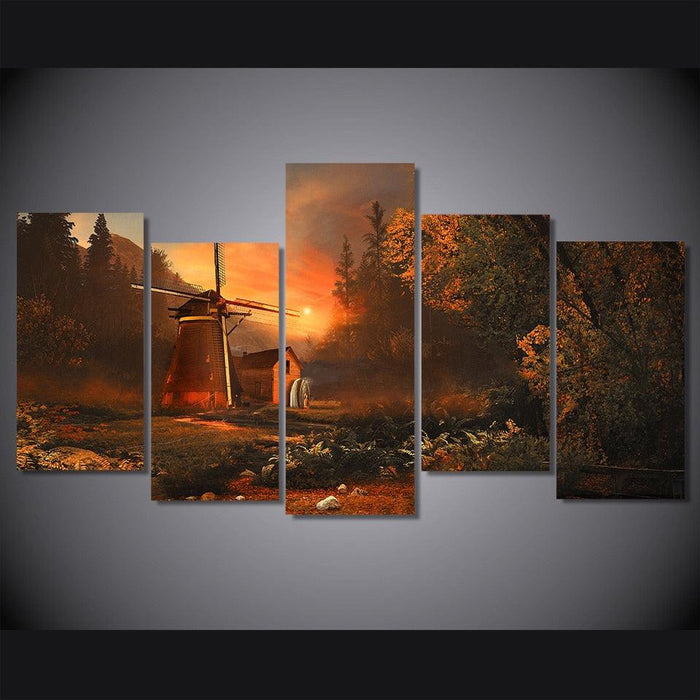 Windmill Wooden House Sunrise 5 Piece HD Multi Panel Canvas Wall Art Frame - Original Frame