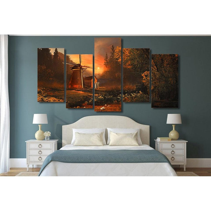 Windmill Wooden House Sunrise 5 Piece HD Multi Panel Canvas Wall Art Frame