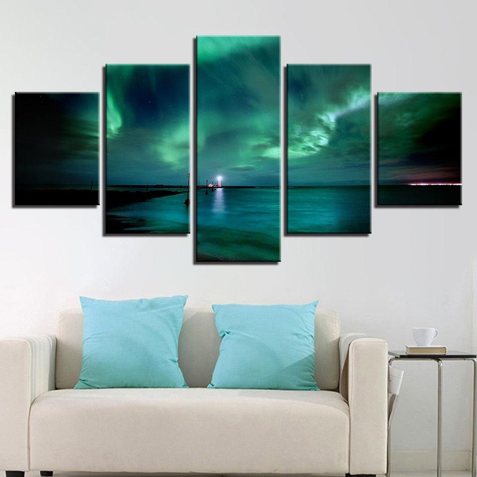 Green Aurora Lake Night 5 Piece HD Multi Panel Canvas Wall Art Frame - Original Frame