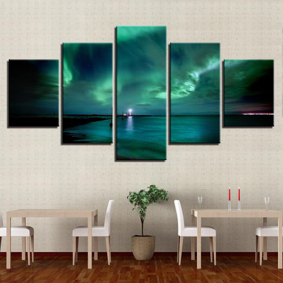 Green Aurora Lake Night 5 Piece HD Multi Panel Canvas Wall Art Frame - Original Frame