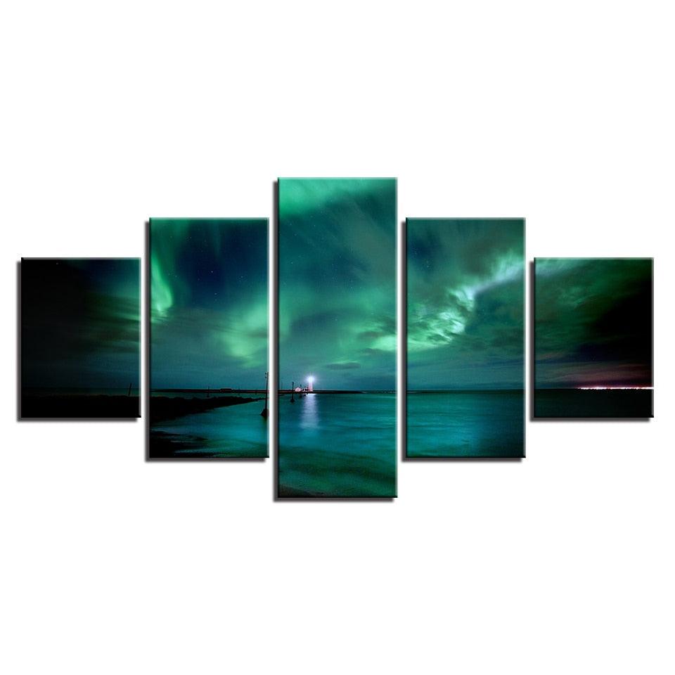 Green Aurora Lake Night 5 Piece HD Multi Panel Canvas Wall Art Frame - Original Frame