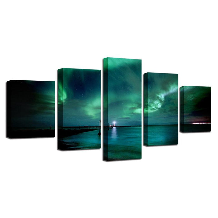 Green Aurora Lake Night 5 Piece HD Multi Panel Canvas Wall Art Frame