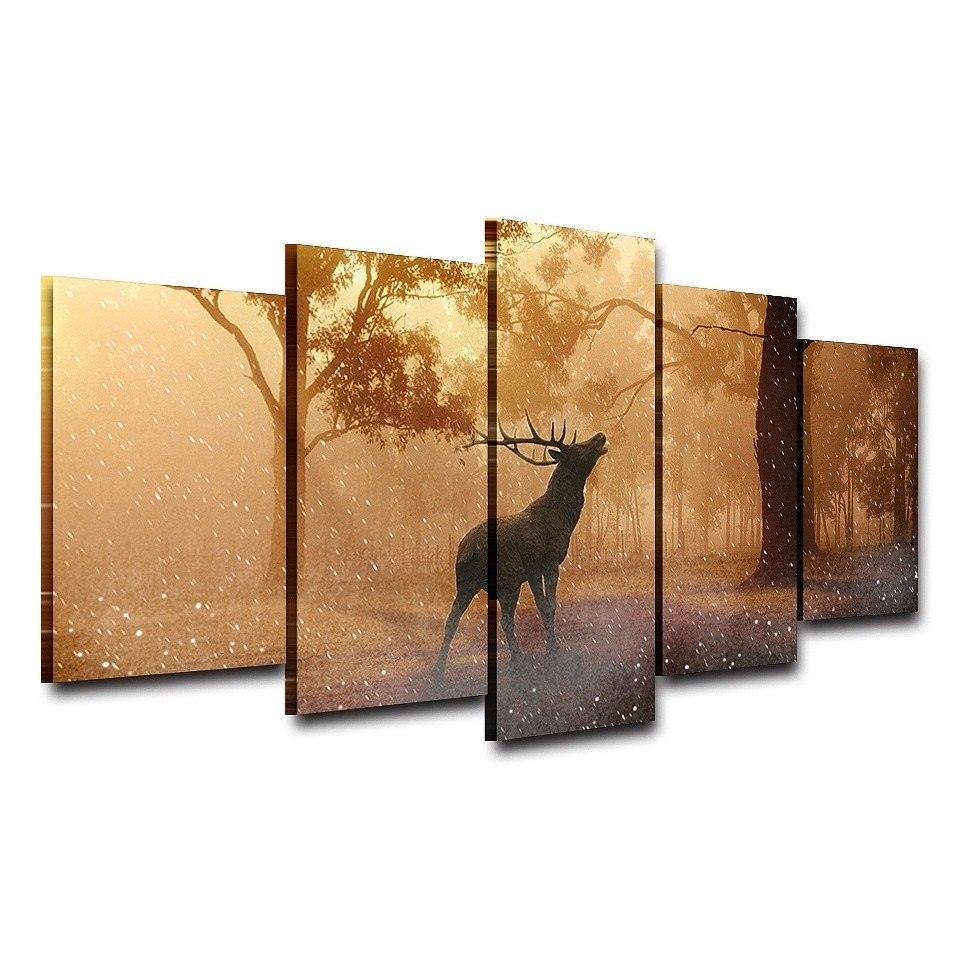 Forest Deer Landscape 5 Piece HD Multi Panel Canvas Wall Art Frame - Original Frame