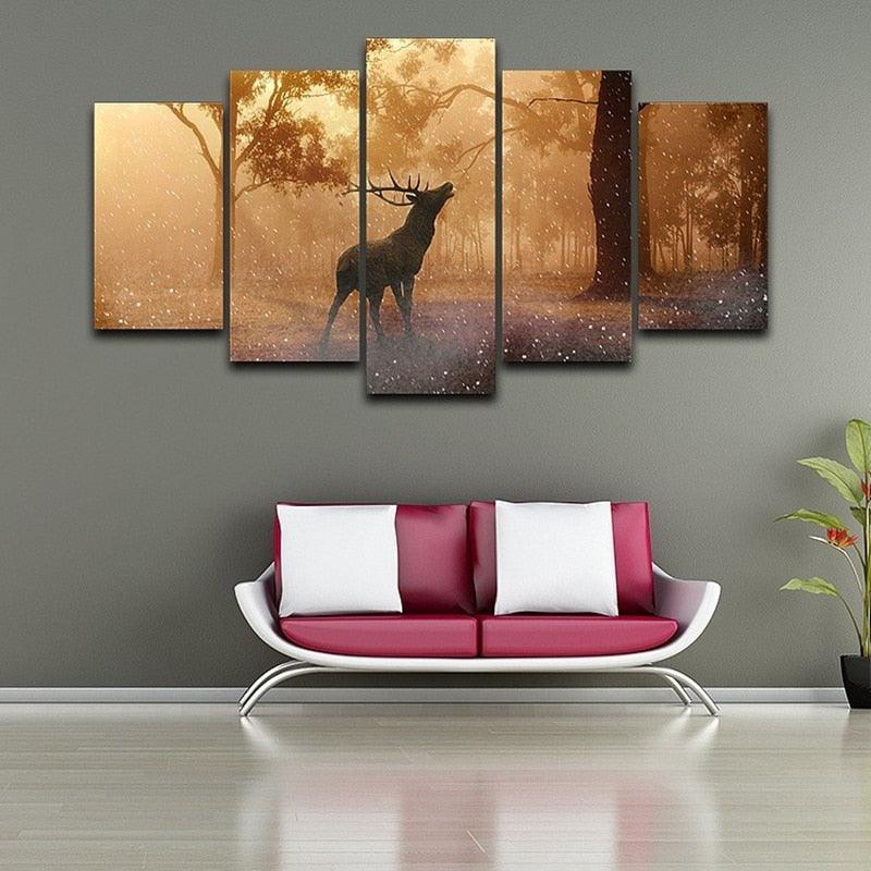 Forest Deer Landscape 5 Piece HD Multi Panel Canvas Wall Art Frame - Original Frame