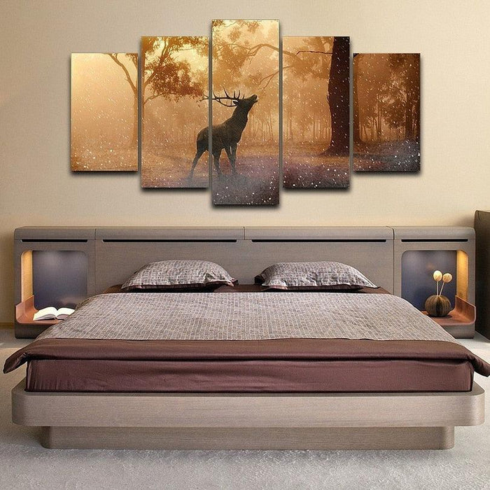 Forest Deer Landscape 5 Piece HD Multi Panel Canvas Wall Art Frame - Original Frame