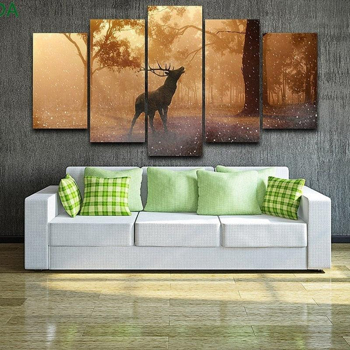 Forest Deer Landscape 5 Piece HD Multi Panel Canvas Wall Art Frame - Original Frame