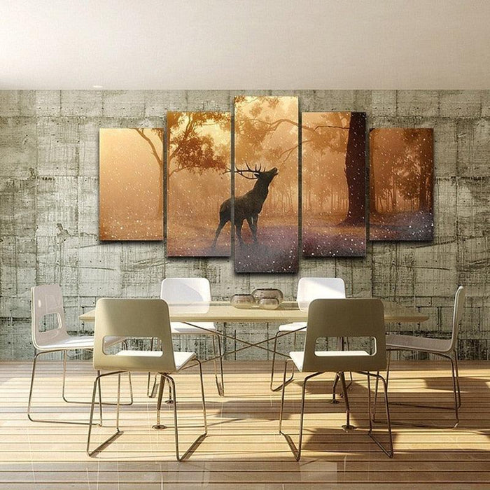 Forest Deer Landscape 5 Piece HD Multi Panel Canvas Wall Art Frame - Original Frame