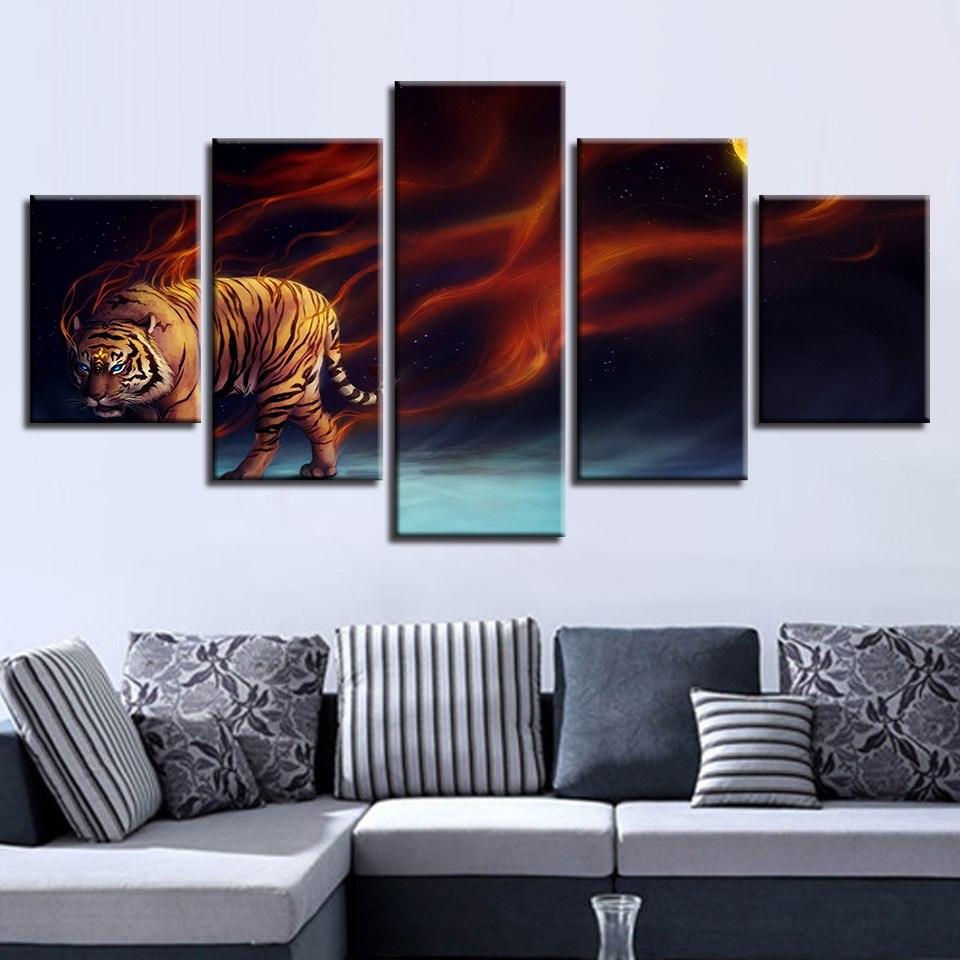 Magic Flame Tiger 5 Piece HD Multi Panel Canvas Wall Art Frame - Original Frame