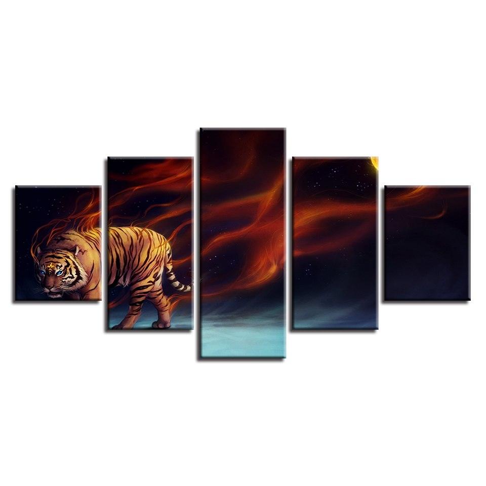 Magic Flame Tiger 5 Piece HD Multi Panel Canvas Wall Art Frame - Original Frame