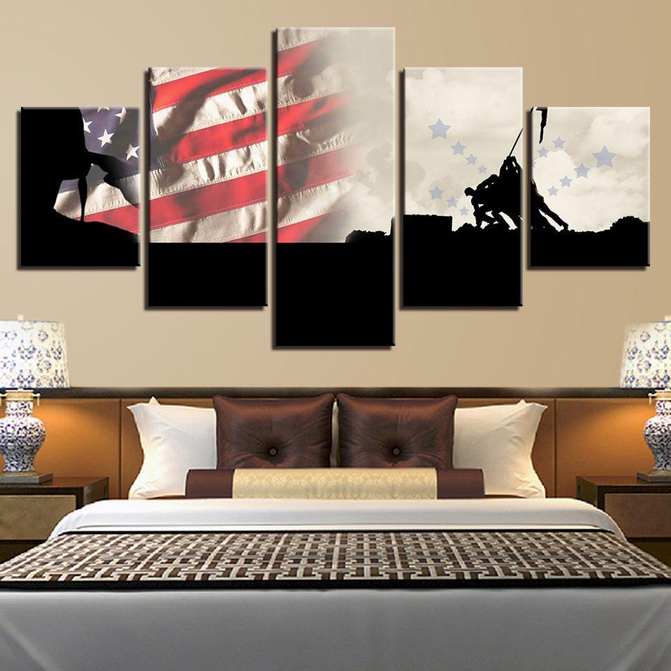 Military American Flag 5 Piece HD Multi Panel Canvas Wall Art Frame - Original Frame