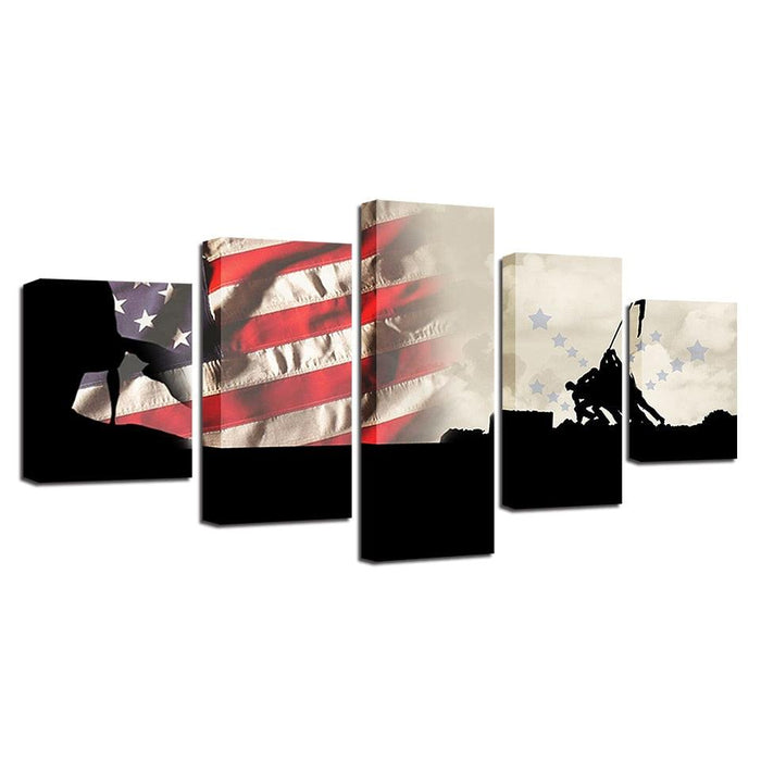 Military American Flag 5 Piece HD Multi Panel Canvas Wall Art Frame - Original Frame