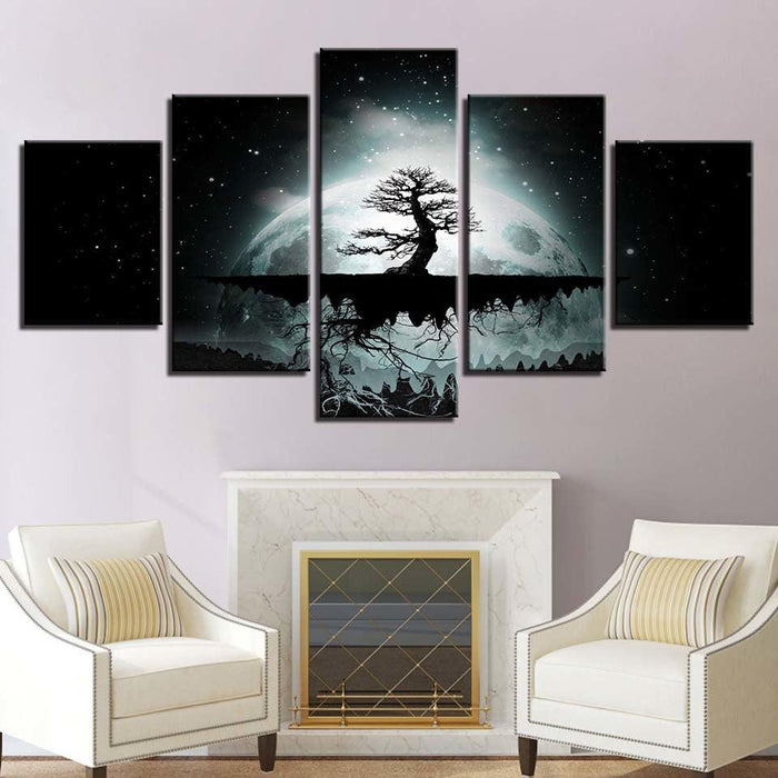 Full Moon Tree Starry Night 5 Piece HD Multi Panel Canvas Wall Art Frame - Original Frame