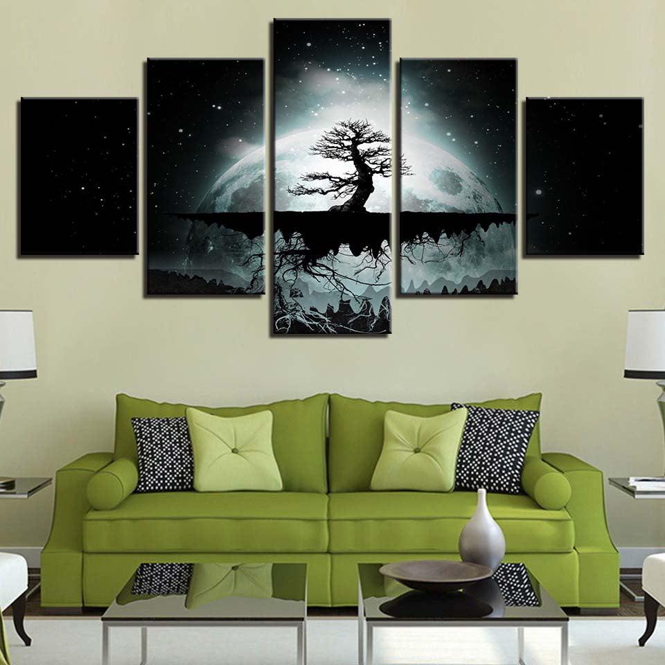 Full Moon Tree Starry Night 5 Piece HD Multi Panel Canvas Wall Art Frame - Original Frame