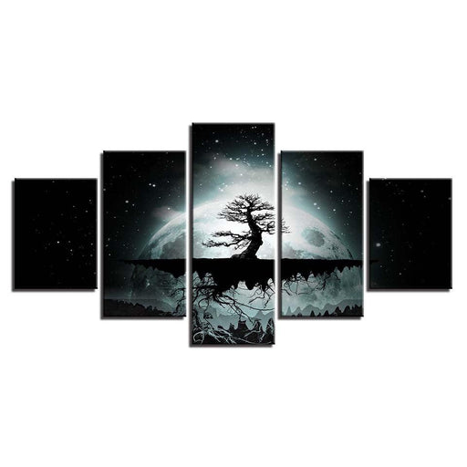 Full Moon Tree Starry Night 5 Piece HD Multi Panel Canvas Wall Art Frame - Original Frame