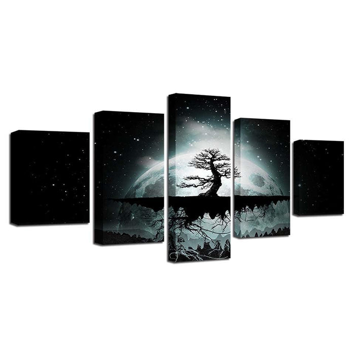 Full Moon Tree Starry Night 5 Piece HD Multi Panel Canvas Wall Art Frame - Original Frame