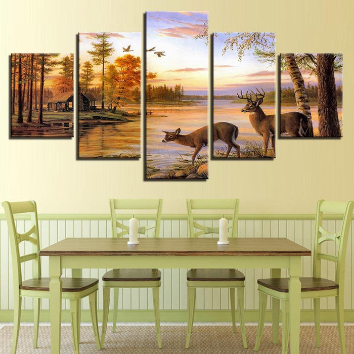 Forest Deers 5 Piece HD Multi Panel Canvas Wall Art Frame